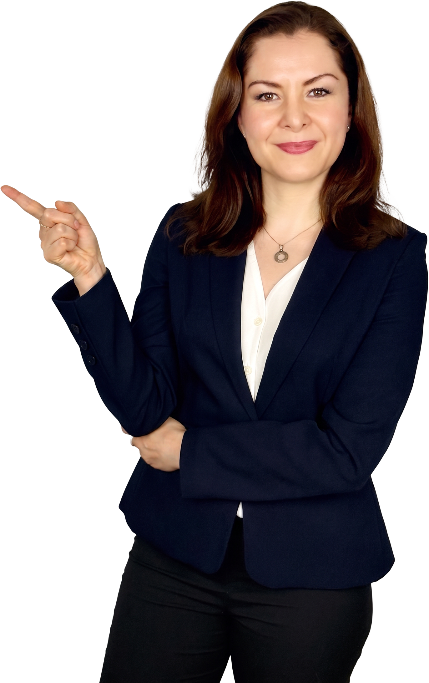 Wendy Lechuga in a navy blazer pointing at the strategy steps
